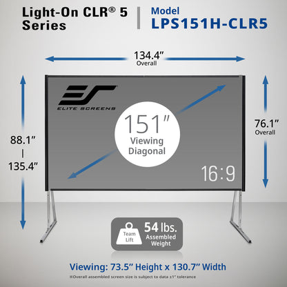 Elite Screens Light-On CLR 5 Series model LPS151H-CLR5 with dimensions and specifications.