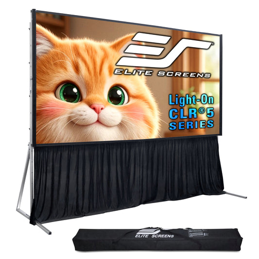 Elite Screens projector screen with a cat image on the screen