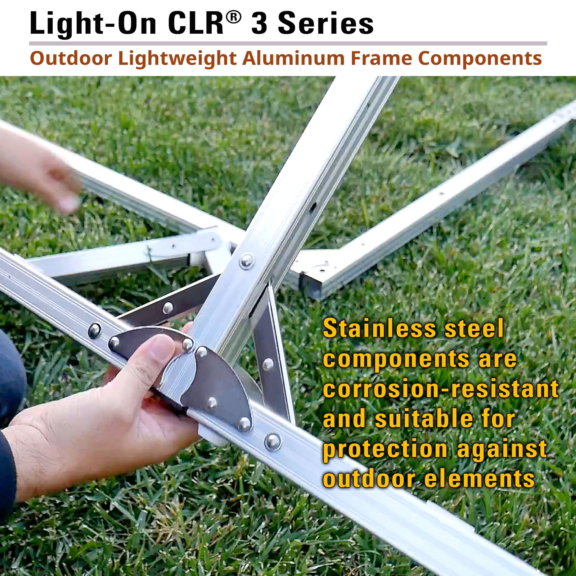 Light-On CLR 3 Series outdoor lightweight aluminum frame components with stainless steel components on grass.