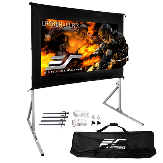 Portable outdoor projector screen with stand and accessories on a white background