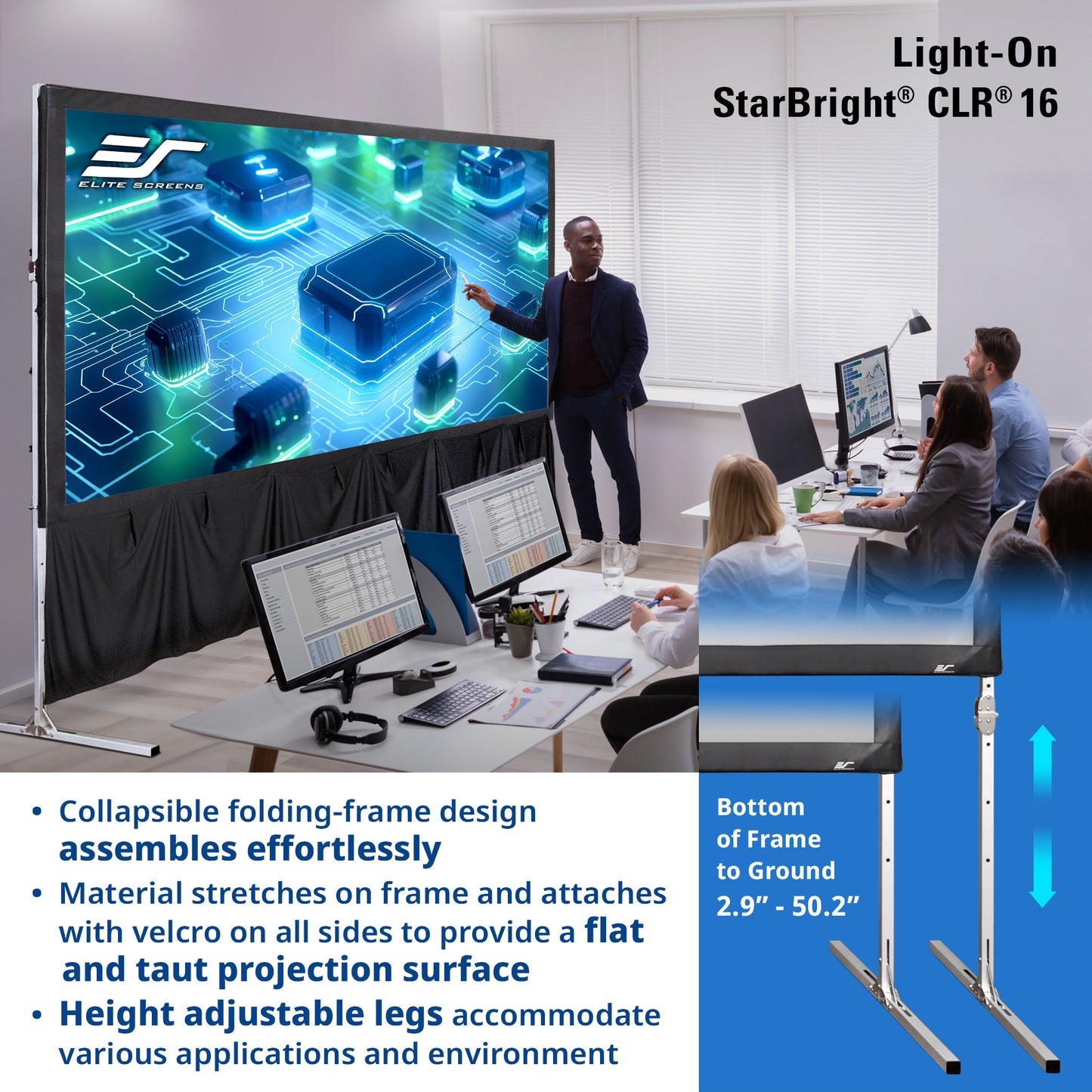 Collapsible folding-frame projection screen with a presenter and audience in a room.