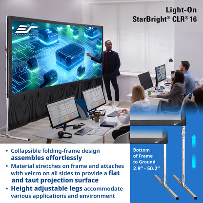 Collapsible folding-frame projection screen with a presenter and audience in a room.