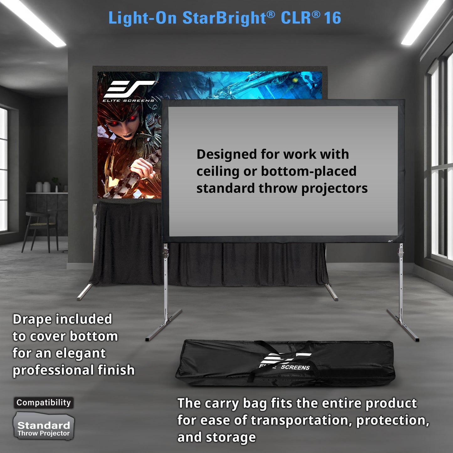 Projection screen with carrying bag in a room setting, featuring text about product features.