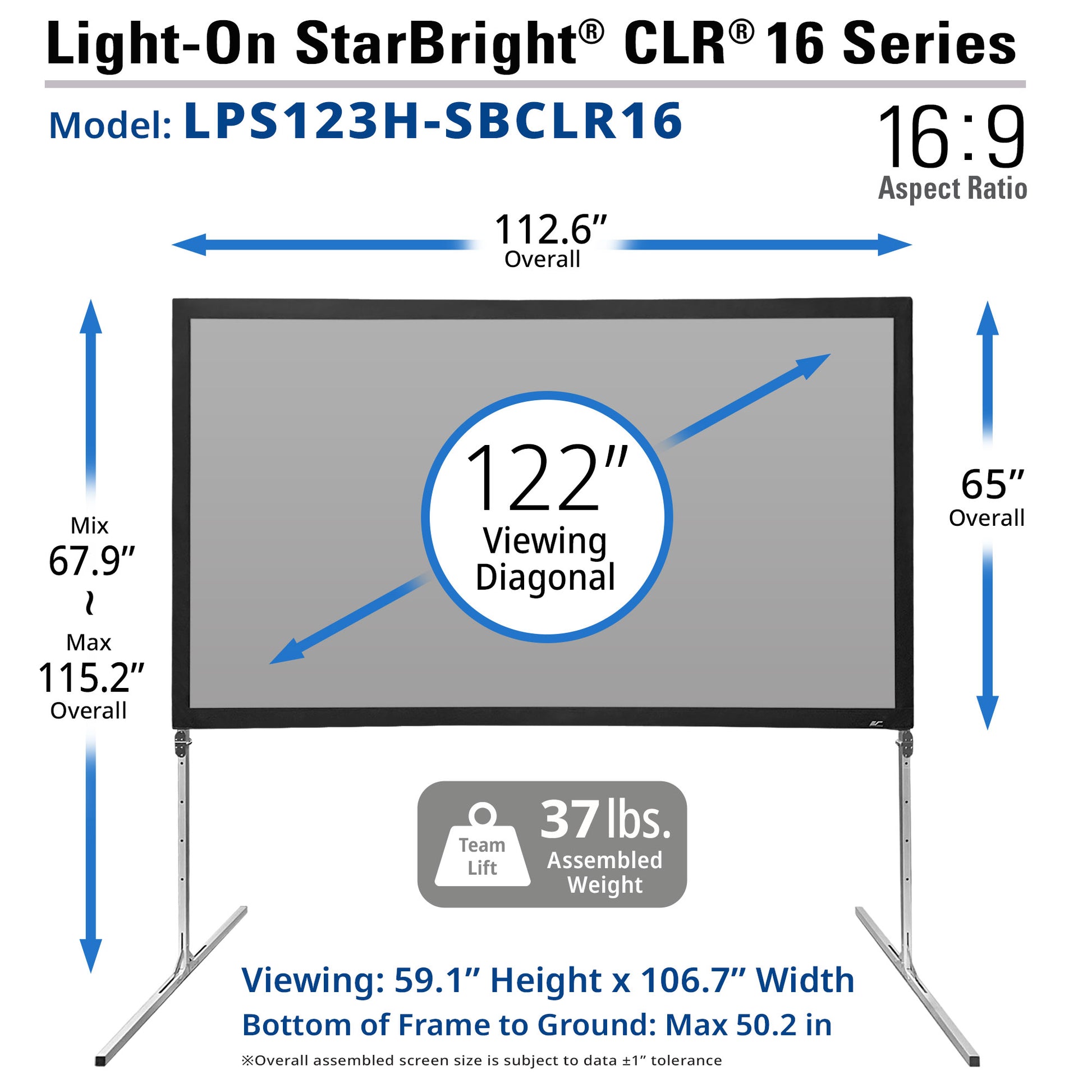 Diagram of a Light-On StarBright CLR 16 Series screen with dimensions and specifications.
