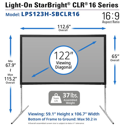 Diagram of a Light-On StarBright CLR 16 Series screen with dimensions and specifications.
