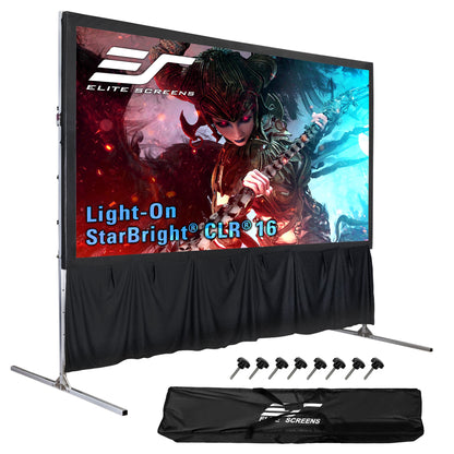 Elite Screens projector screen with gaming display and accessories on a white background