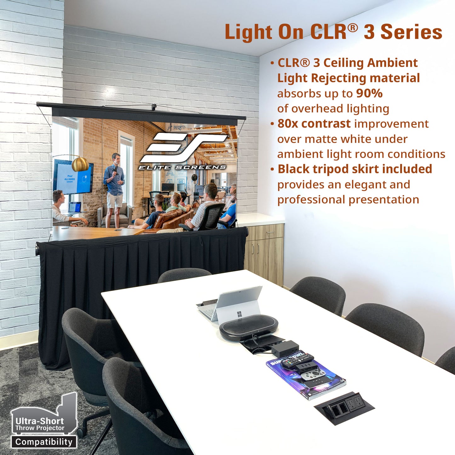 Conference room with Elite Screens CLR 3 Series light rejecting material on the ceiling