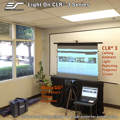 Room with a projector screen displaying a presentation, featuring Elite Screens CLR 3 Series and MosaicGO projector.