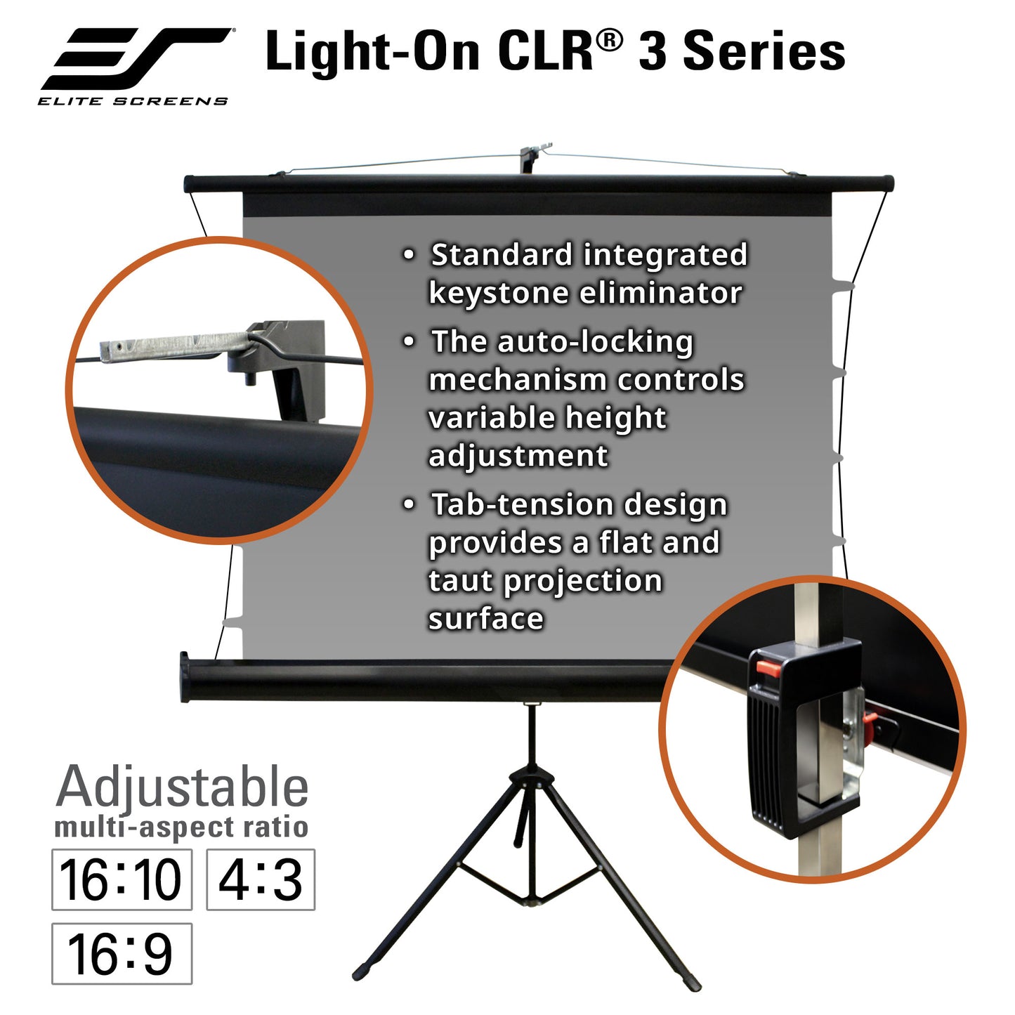 Elite Screens Light-On CLR 3 Series projector screen with features highlighted on a white background