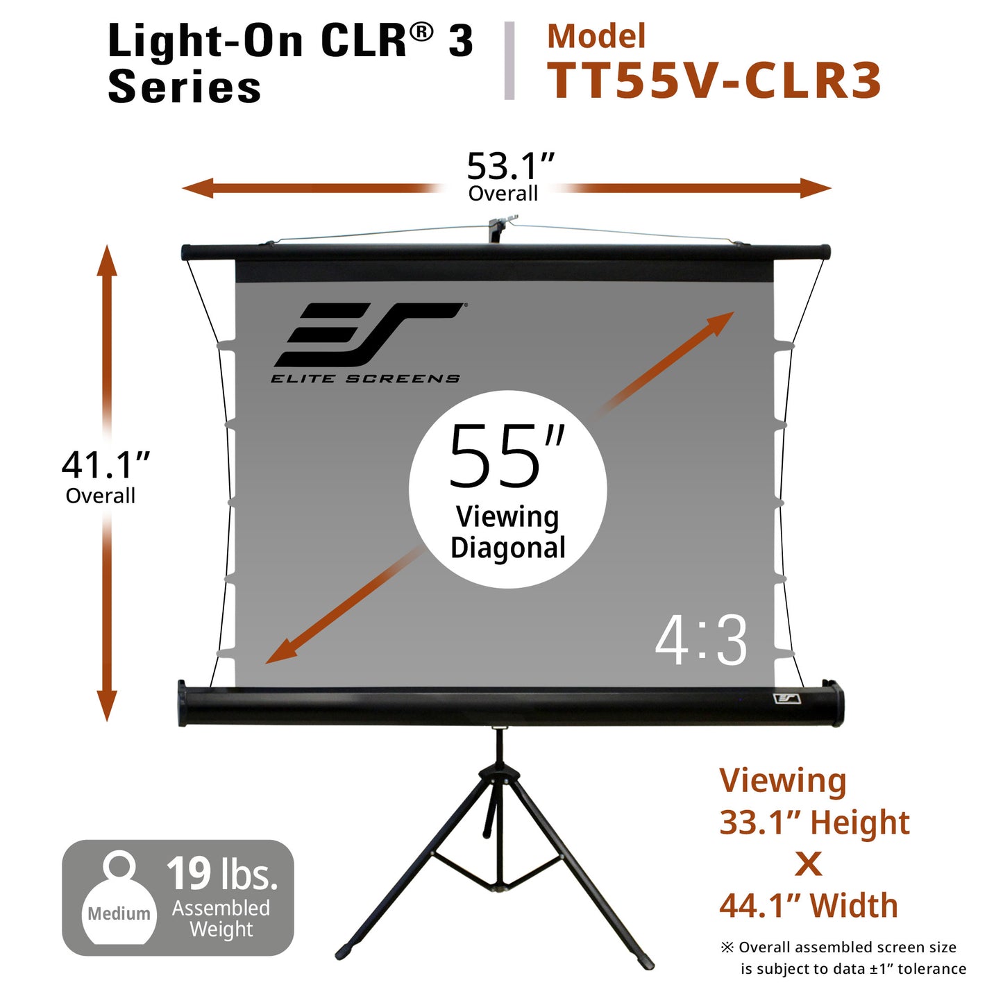 Elite Screens projector screen with dimensions and specifications on a white background