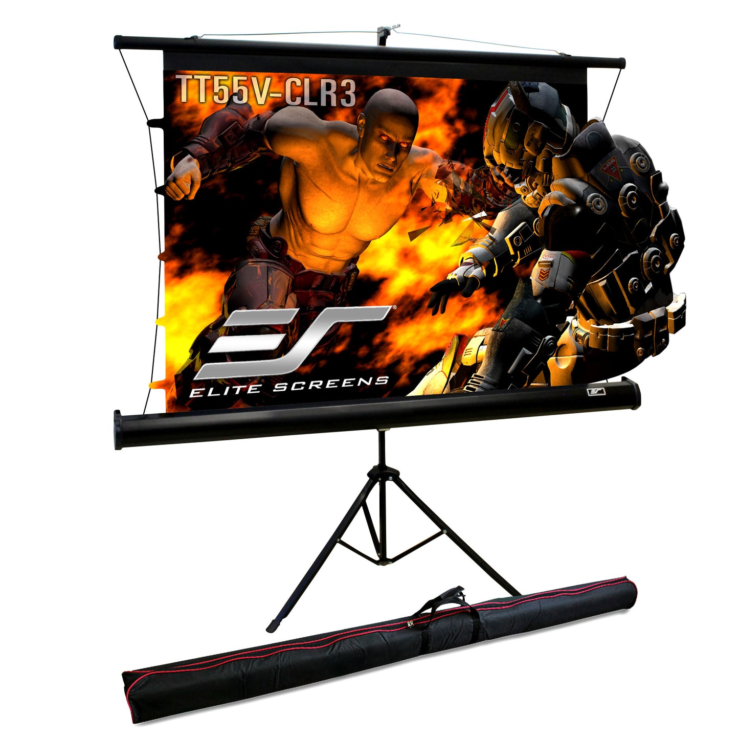 Elite Screens projector screen with a movie scene on it, including a carrying case.