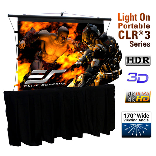 Portable projector screen with Elite Screens branding on a black table, featuring graphics and text about screen specifications.