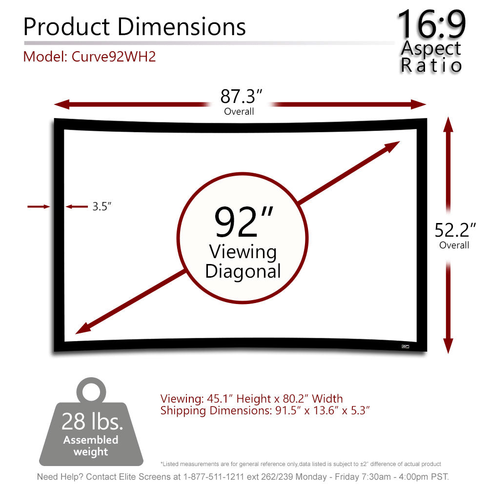 Diagram of a 92-inch screen with dimensions and aspect ratio details.