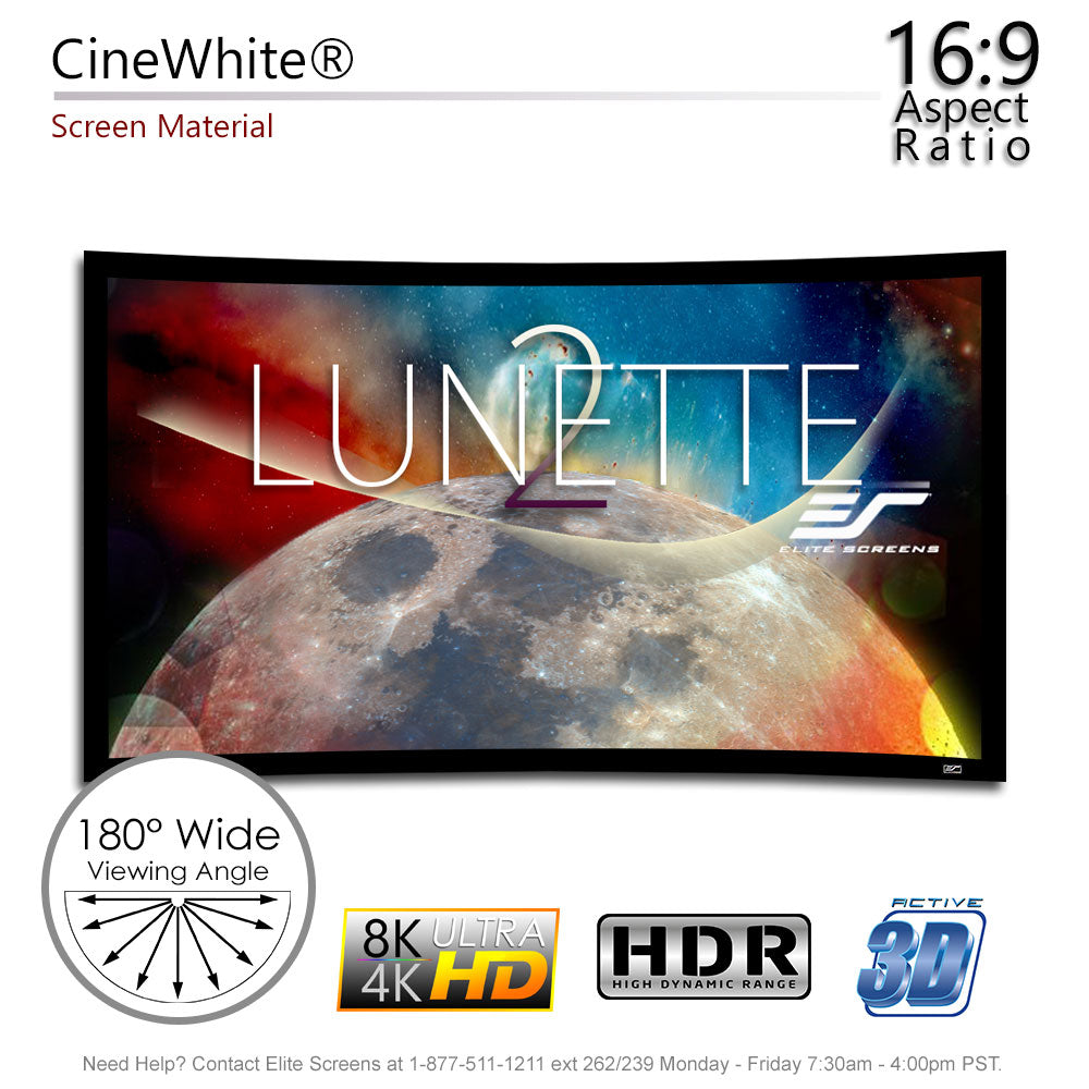 Elite Screens Lunette projector screen with 16:9 aspect ratio and 8K Ultra HD capabilities on a white background.