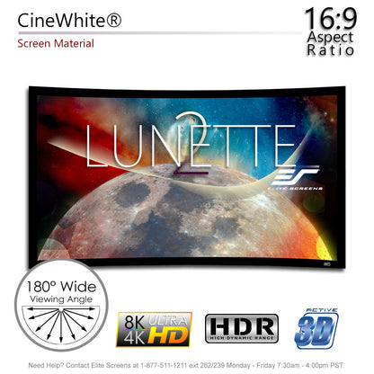 Elite Screens Lunette projector screen with 16:9 aspect ratio and 8K Ultra HD capabilities on a white background.