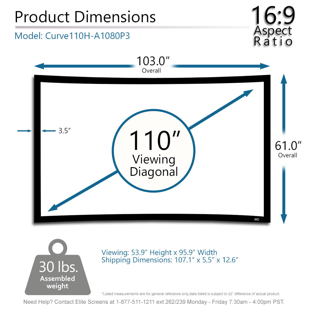Diagram of a 110-inch screen with dimensions and aspect ratio details.