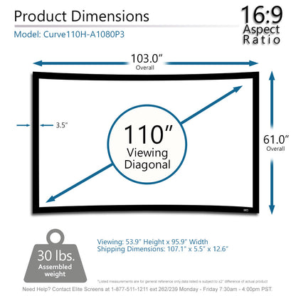 Diagram of a 110-inch screen with dimensions and aspect ratio details.