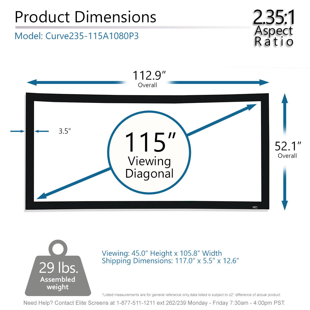 Diagram of a 115-inch viewing diagonal screen with dimensions and weight information.