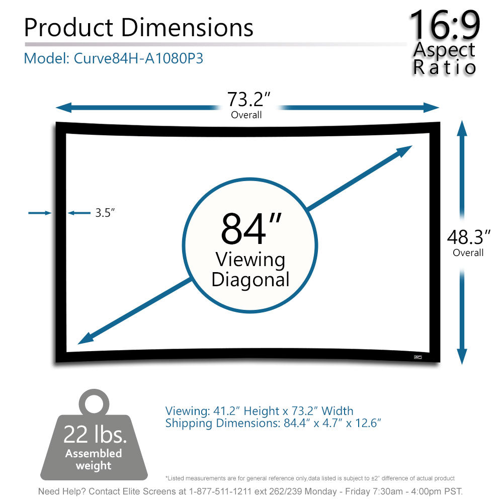 Diagram of a 84-inch screen with dimensions and aspect ratio details.
