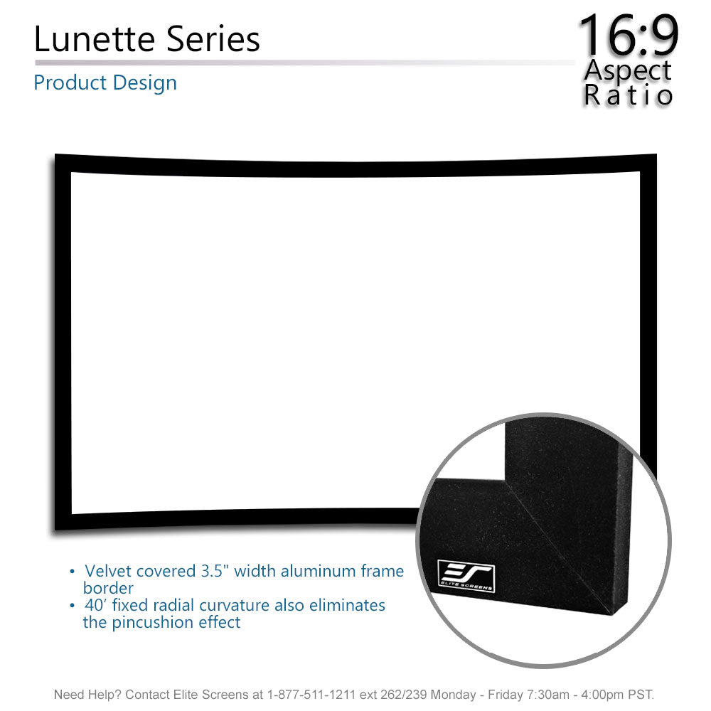 Elite Screens Lunette Series product design with 16:9 aspect ratio and black frame details.
