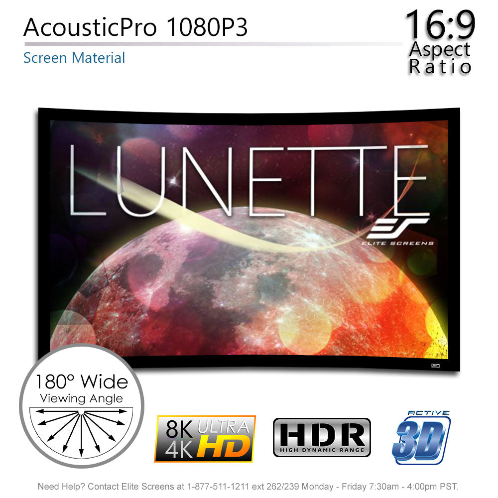 Elite Screens Lunette projector screen with 16:9 aspect ratio and 8K Ultra HD capabilities on a white background.