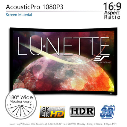 Elite Screens Lunette projector screen with 16:9 aspect ratio and 8K Ultra HD capabilities on a white background.