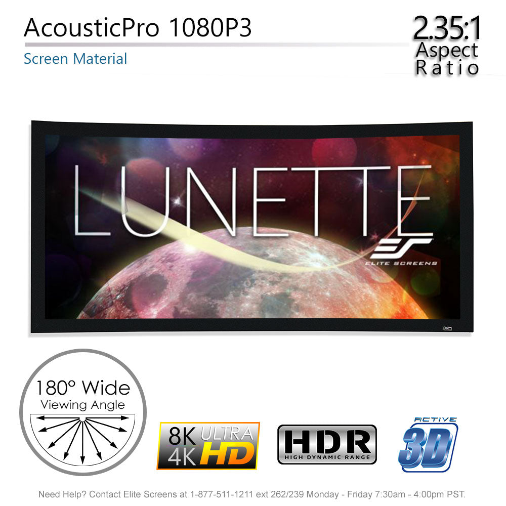 Elite Screens Lunette projector screen with specifications on a white background
