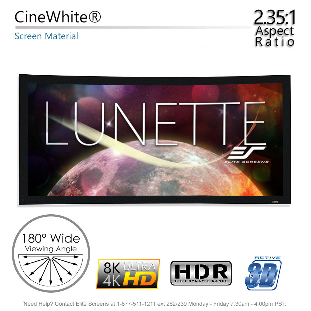 Elite Screens Lunette projector screen with space-themed design and technical specifications.