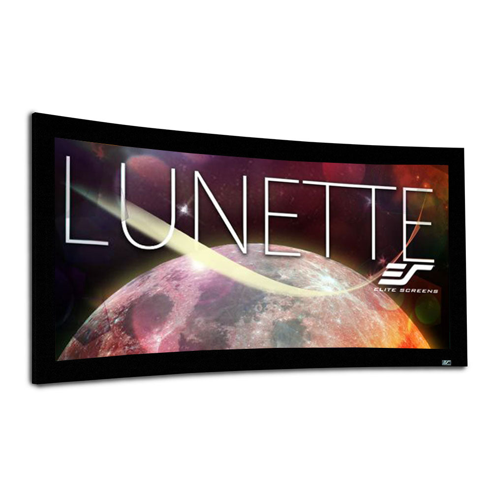 Curved screen with 'LUNETTE' and 'Elite Screens' branding, featuring a space-themed design.