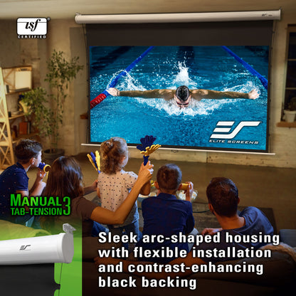 Family watching a swimmer on a large screen in a home theater setup with Elite Screens projector screen.