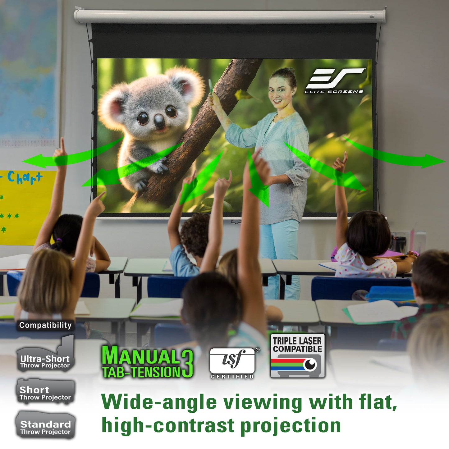 Classroom setting with a projector screen displaying an image of a koala and a woman, with text about the projector screen's features.