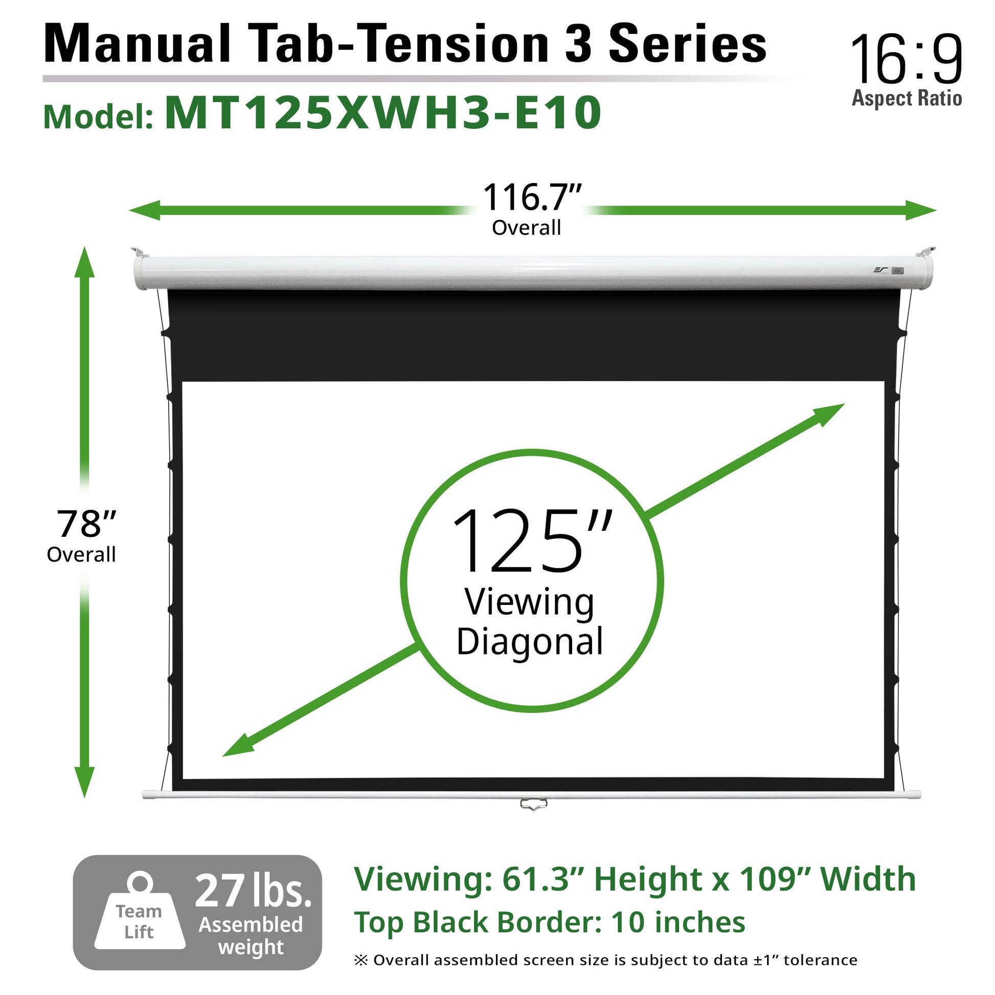 Manual tab-tension 3 series projector screen with dimensions and specifications on a white background