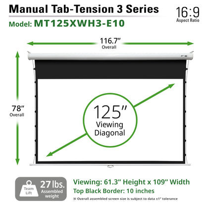 Manual tab-tension 3 series projector screen with dimensions and specifications on a white background