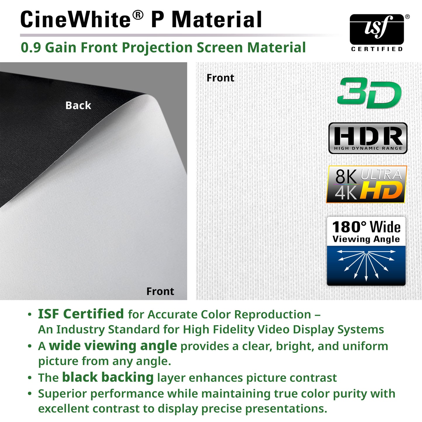 CineWhite P Material projection screen material with ISF certification and feature highlights.