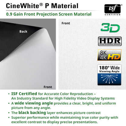 CineWhite P Material projection screen material with ISF certification and feature highlights.