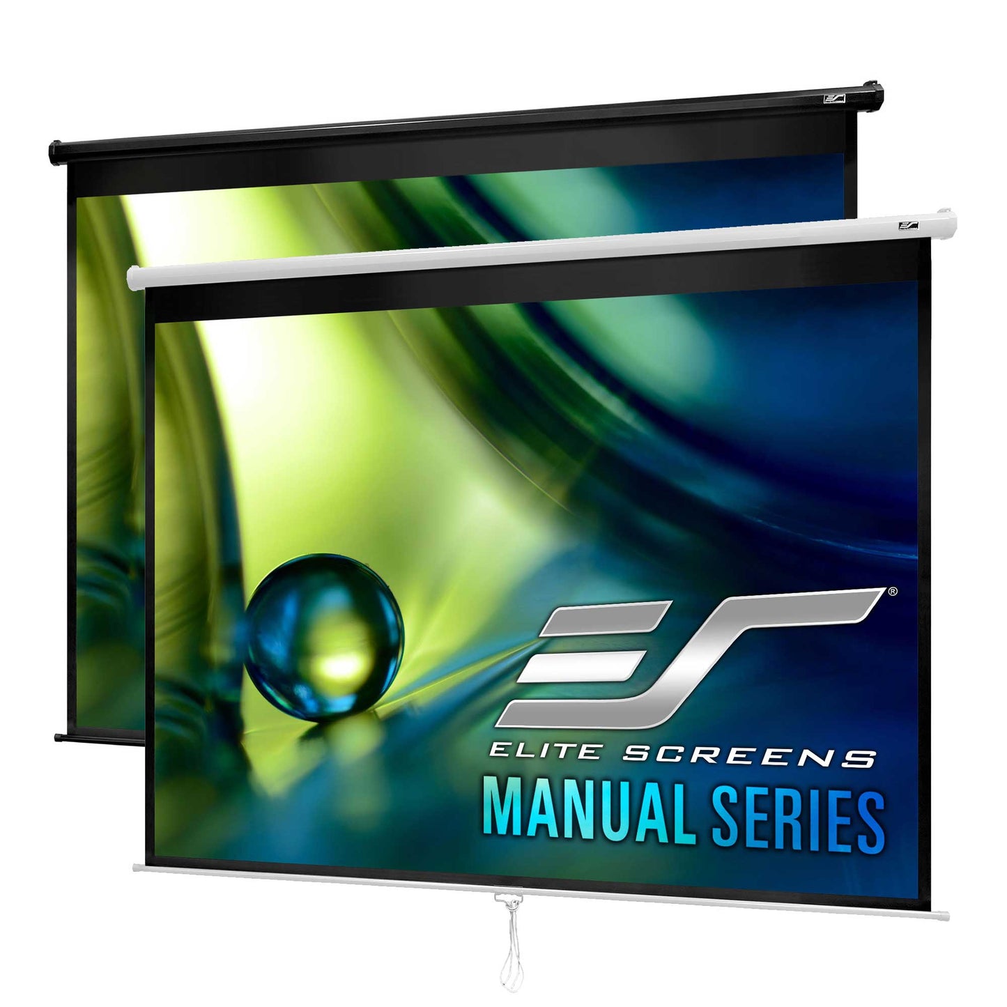 Elite Screens manual series projector screen with a colorful display on a white background