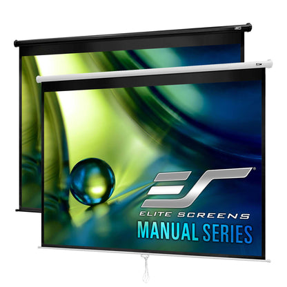 Elite Screens manual series projector screen with a colorful display on a white background