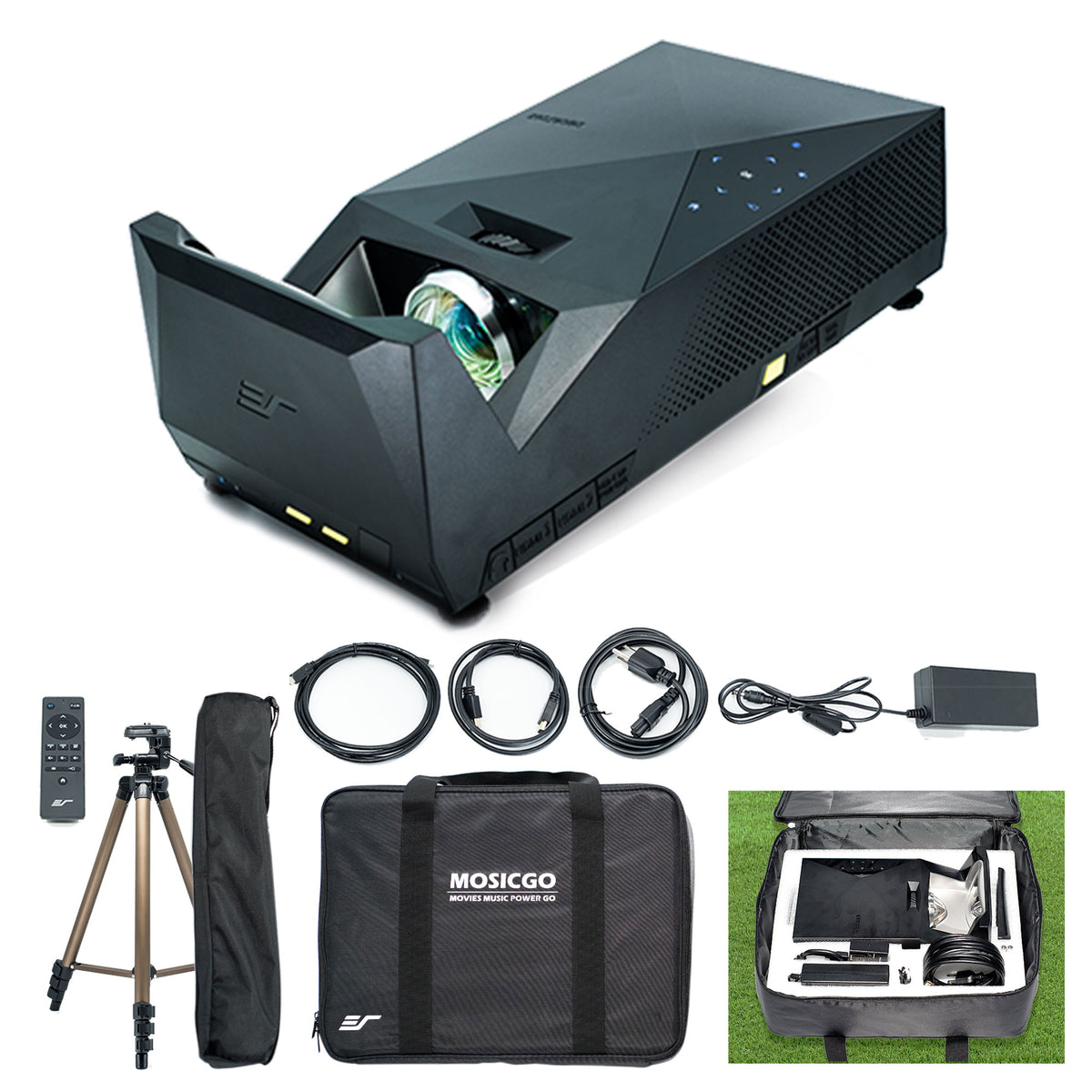 MOSICGO portable projector kit shown on a white background, including the black projector with its front panel open, a tripod, carrying case, cables, power adapter, remote, and an inset showing the case opened with accessories inside.