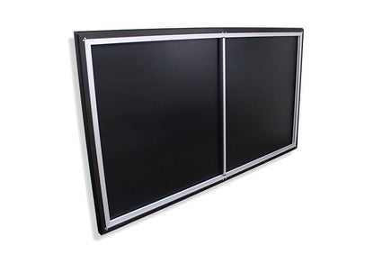 Double-sided black bulletin board with silver frame on a white background