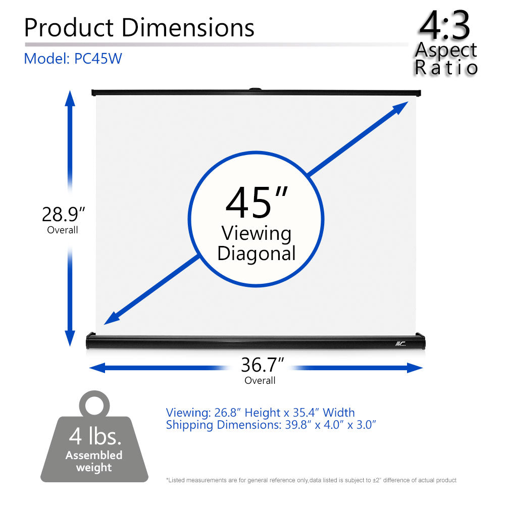 Product dimensions chart for a 45-inch viewing diagonal screen with aspect ratio 4:3.