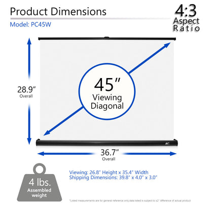 Product dimensions chart for a 45-inch viewing diagonal screen with aspect ratio 4:3.