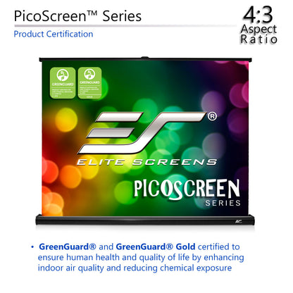 Elite Screens PicoScreen Series product with colorful background and certification logos.