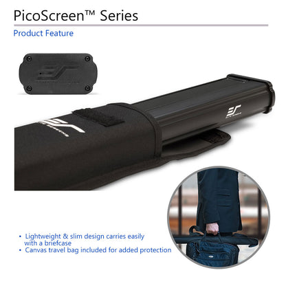 Black PicoScreen™ Series product with branding, featuring a briefcase and travel bag on a white background.