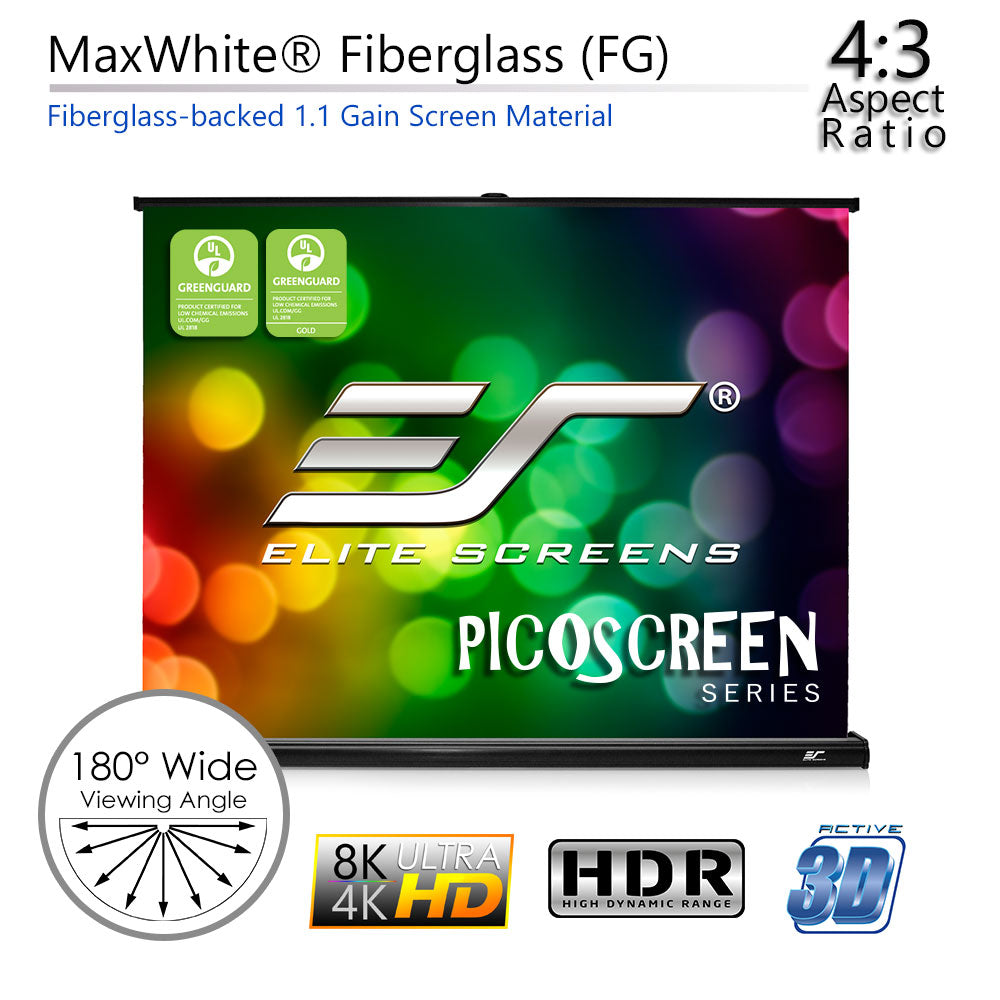 Elite Screens PicoScreen series with branding and feature highlights on a white background