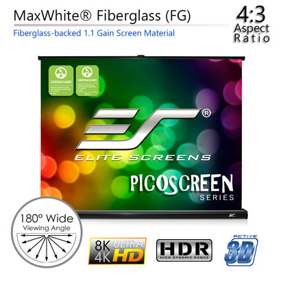 Elite Screens PicoScreen series with branding and feature highlights on a white background