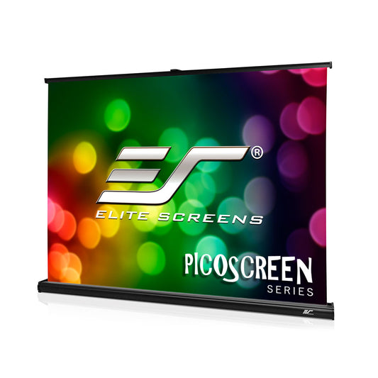 Elite Screens PicoScreen series projector screen with colorful bokeh background