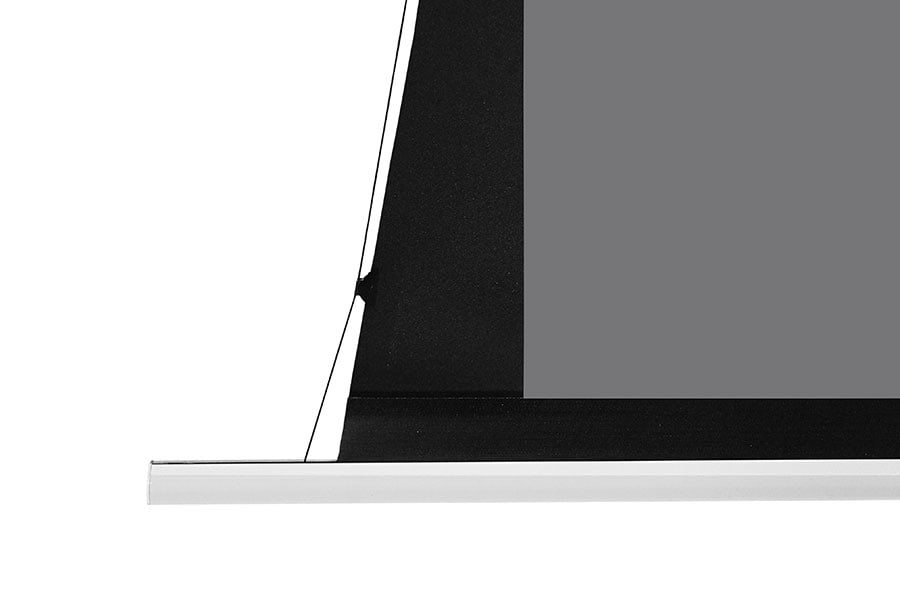 Close-up of the lower-left corner of a modern flat-screen TV or monitor, showing a slim silver bezel, black stand area, and gray screen on a white background.