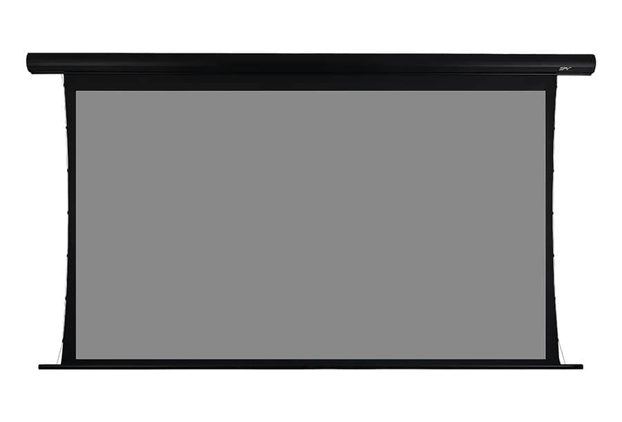 A black motorized home theater projector screen with a gray fabric surface, shown partially extended against a plain white background.