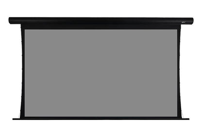 A black motorized home theater projector screen with a gray fabric surface, shown partially extended against a plain white background.