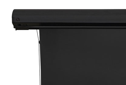 Black projection screen with a roller mechanism on a white background